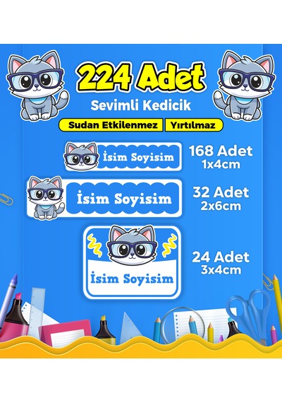 Sevimli Kedi Temalı Okul Kreş Kişiye Özel İsim Etiket Seti - Model 343 Çok Renkli