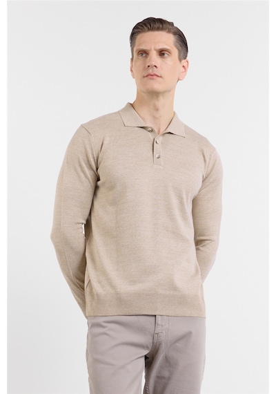 İmza Bej Polo Yaka Cepsiz Comfort Fit Classic Pamuklu Triko Kazak 1012255155