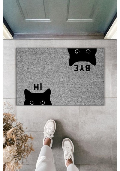 Rugmood Modern Dijital Baskı Paspas - Hi, Bye Kedi - Kapı Önü Paspası 70x45cm Gri