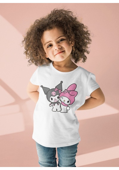 Sevbano Kuromi Ve Melody Baskılı Unisex Çizgi Film Çocuk Tişört 1-12 Yaş beyaz