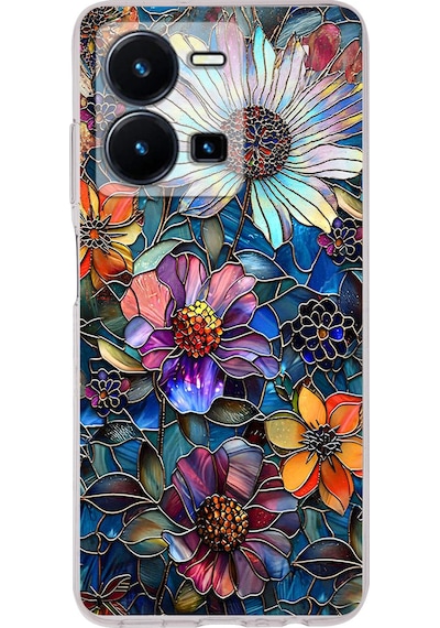 Printify Vivo Y22s İle Uyumlu Vitray Mücevher Flora Tasarımlı Şeffaf Silikon Kılıf Şeffaf