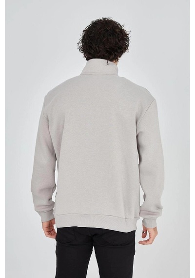 Erkek Yarım Fermuarlı Baskılı 3 İplik Pamuklu Sweatshirt - Boyalı Gri