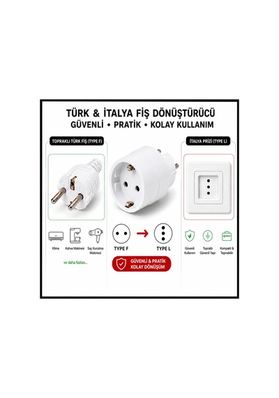 İtalyan Erkek Fiş Türk Priz Dönüştürücü Type L To Type F Priz Adaptörü 16a 250v