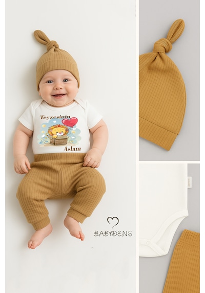 Babyden's Teyzesinin Aslanı 3 Lü Bebek Takımı %100 Pamuk Fitilli Kumaş Kısa Kollu Zıbın, Manşetlialt, Bere Set Kahverengi