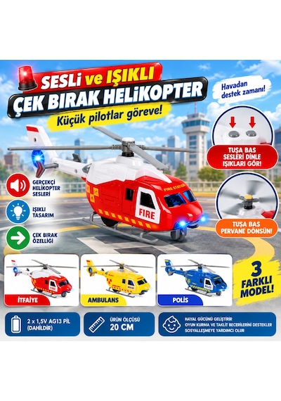 Sesli Ve Işıklı Çek Bırak Helikopter Çok Renkli