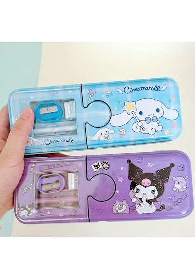 Kawaii Sanrio Kuromi Metal Kalem Kutusu Kırtasiye Seti Cinnamoroll Kuromi Kalemlik Hediye Seti Mor