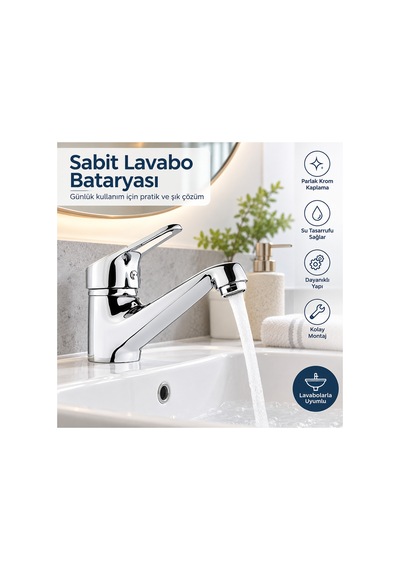 Krom Sabit Lavabo Bataryası Seramik Kartuş Su Tasarruflu Tek Kumandalı Banyo Musluğu Gümüş
