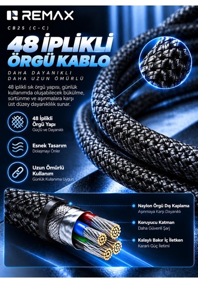 Remax Cb25 240w Pd Type-c To Type-c Örgülü Hızlı Şarj Ve Data Kablosu 1.2 Metre Siyah