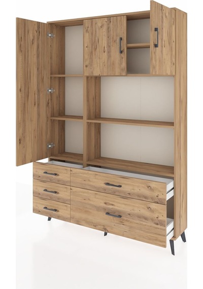Arges Dolap 7 Raflı 5 Çekmeceli 3 Kapaklı 132x30x195 Çam-çam/çam Çam