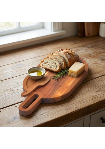 Doğal Akasya Ahşap Oval Peynir Ve Sunum Tahtası 30x14 Cm Saplı Servis Tepsisi, Yanında Özel Ahşap Peynir Bıçağı İle 2 Parça Set Çok Renkli