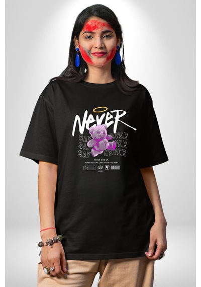 Asla Asla Deme Pamuklu Bisiklet Yaka Unisex Oversize Boyfriend Dijital Baskılı Siyah T-shirt Siyah