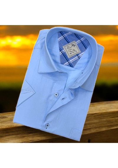 Linen Keten Klasik Kısa Kollu Mavi Erkek Gömlek Regular Kalıp -10080 Mavi