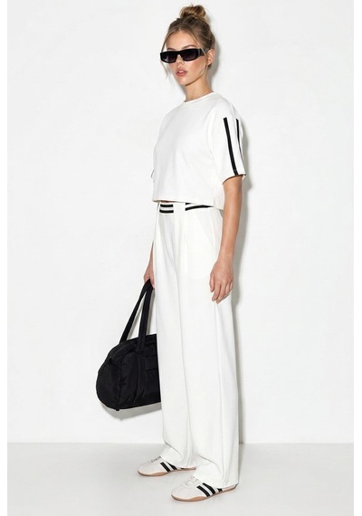 Shade Kadın Çizgi Detaylı Crop Bluzlu Yüksek Bel Modal Takım 4136 60286285 - Beyaz