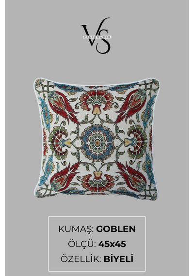 Kırlent Kılıfı Goblen Dokuma Kumaş - 45x45cm Çift Taraflı Biyeli Dekoratif Kırlent Kılıfı - Vs-1064 Çok Renkli
