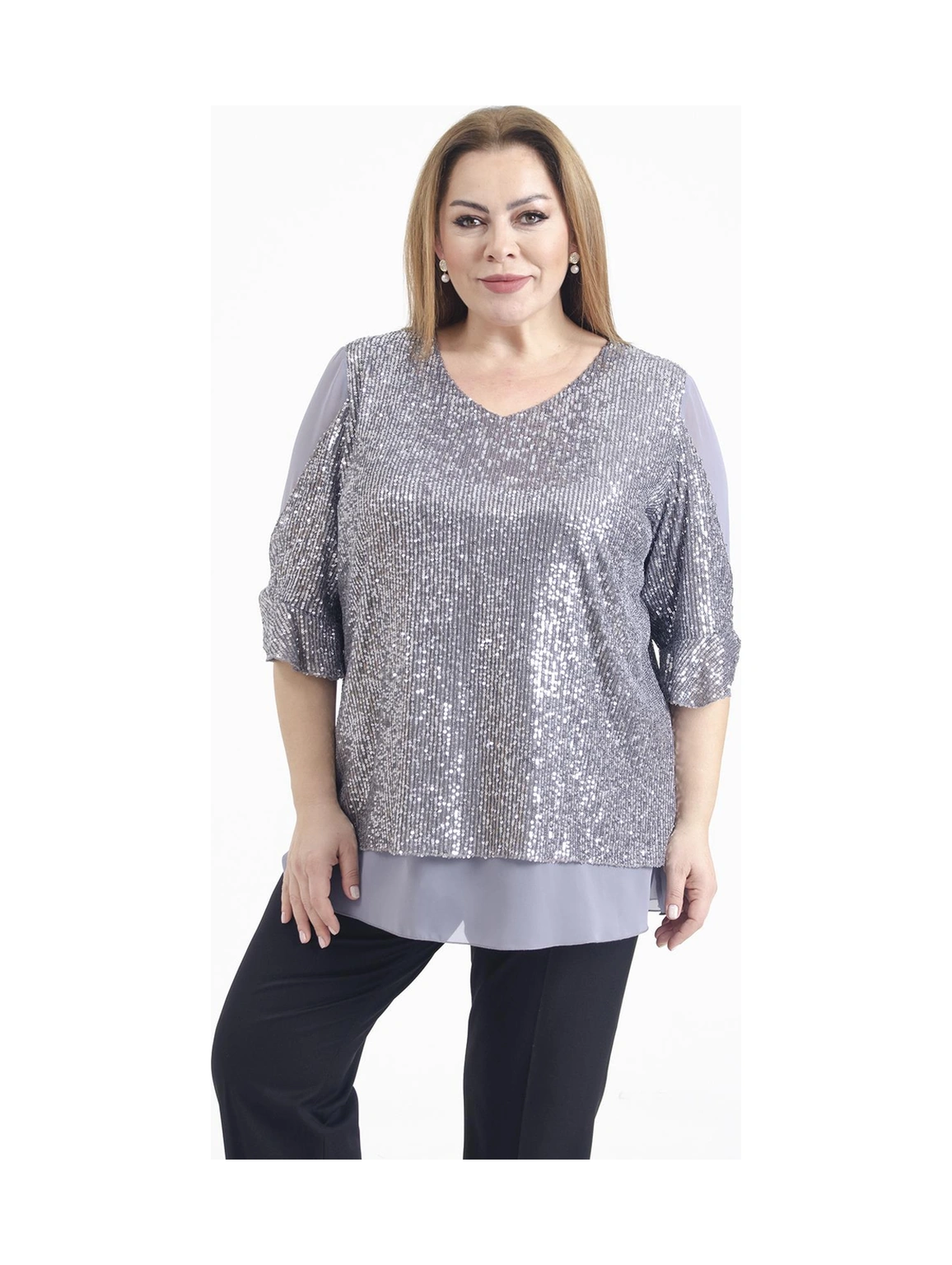 Lilas Xxl Büyük Beden Gri Renkli Pul Payetli Şifon Bluz Gri