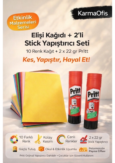 10 Lu Elişi Kağıdı A4 + 2 Li 22 Gr Pritt Stick Yapıştırıcı Seti Renkli Kağıt Okul Ve Etkinlik Seti
