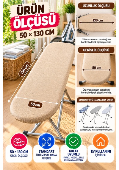 Bej Ütü Masası Kılıfı 50x130 Cm Keçeli Bağcıklı Ütü Bezi Örtüsü Pratik Kullanım Yedek Kılıf Gri Renk