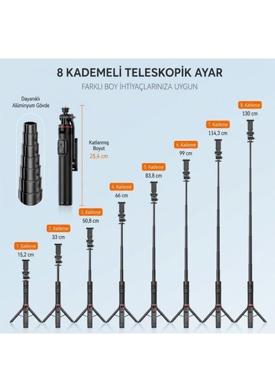 130 Cm Uzayabilen Manyetik Kumandalı Tripod Ve Ayarlanabilir Telefon Tutuculu, Alüminyum Gövdeli Selfie Çubuğu 5570 Diğer