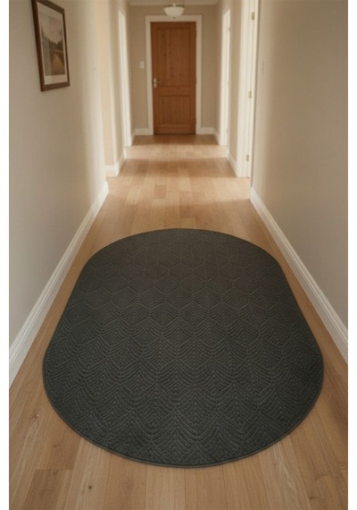 Raschel Carpet Yaprak Oval Koyu Gri Emboss Premium Seri Yeni Nesil Kaymaz Taban Jel Taban Halı Yolluk Antre Hol Koyu Gri