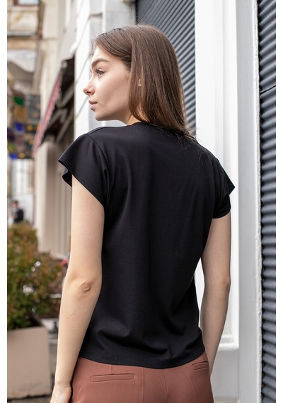 Kadın İpeksi Kumaş Geniş Sıfır Yaka Kısa Kol Tshirt Bluz-siyah Siyah Kadın İpeksi Kumaş Geniş Sıfır Yaka Kısa Kol Tshirt Bluz-siyah Siyah