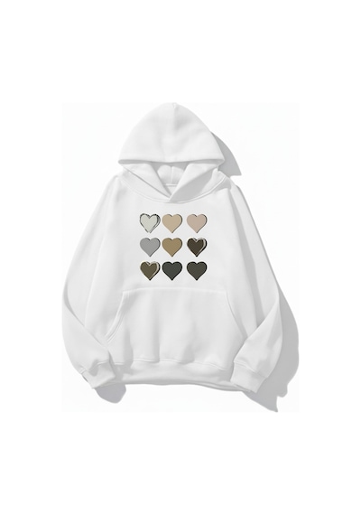 Uyguntarz Unisex Yumuşak Dokulu 9'lu Kalp Baskılı Tasarım Oversize 3 İplik Hoodie Sweatshirt beyaz