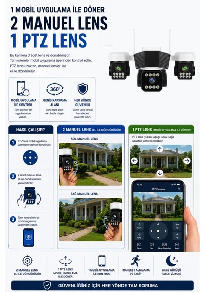 Rx95w Wifi 3 Kameralı Güvenlik Kamerası 15mp Ultra Hd Ptz Hareketli Sesli Gece Görüşlü Akıllı Kamera