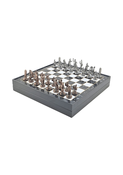 Gifthome Orta Boy Metal Yunan Mitolojisi Satranç Tk. Antik Ve Mermer Desenli Sandıklı Mdf Tahtası 36x36 Cm.