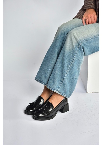 Fox Shoes T820145460 Siyah Rustik Kalın Topuklu Kadın Ayakkabı Siyah-rustik