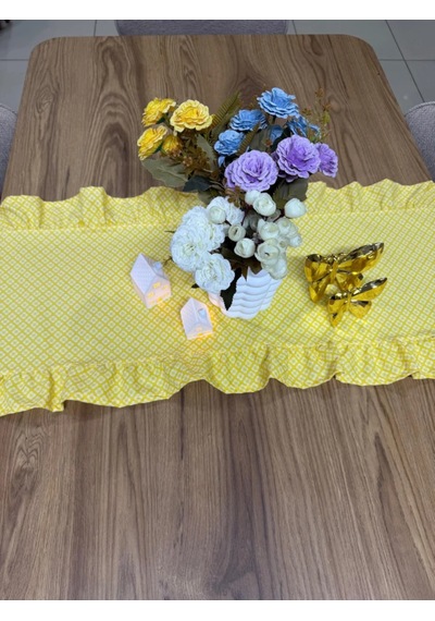 Vintage Duck Keten Sarı Çiçekli Fırfırlı Oval Runner 40 X 140 Cm Sarı