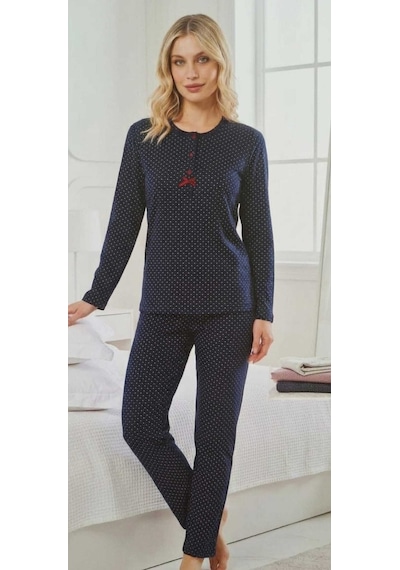 Miss Melina Bambu Pamuk Uzun Kol Kadın Pijama Takımı Puanlı - 9030999481840 Lacivert