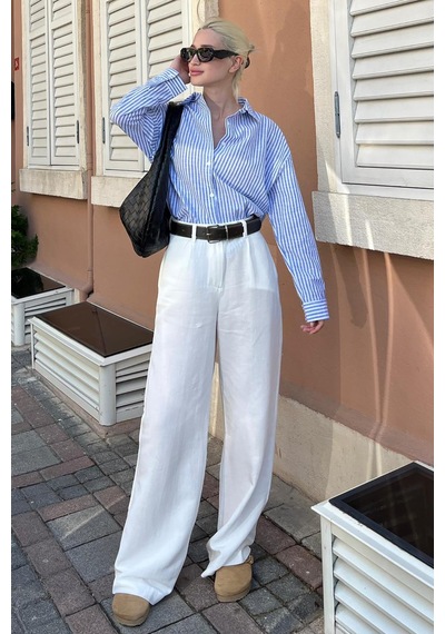 Seeh Mavi Çizgili Düğme Detaylı Oversize Uzun Kollu Kadın Gömlek Sh180 Çok Renkli