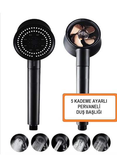 Turbo Fan Pervaneli 5 Fonksiyonlu Su Tasarruflu Duş Başlığı Pervaneli Turbo El Duşu Siyah/gold-9009747038346