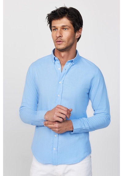 Tudors Slim Fit Uzun Kol Biyeli Yaka Düğmeli Keten Mavi Erkek Gömlek-28744-mavi Mavi