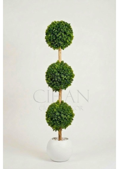 Cihan Çiçekçilik Yapay 3'lü Top Şimşir Ağacı - Beyaz Küre Saksılı 130cm