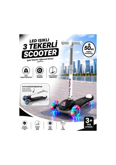 Gtpro Çocuk Scooter Katlanabilir 3+yaş 3tekerli Led Işıklı 50kğ Kapasite Siyah