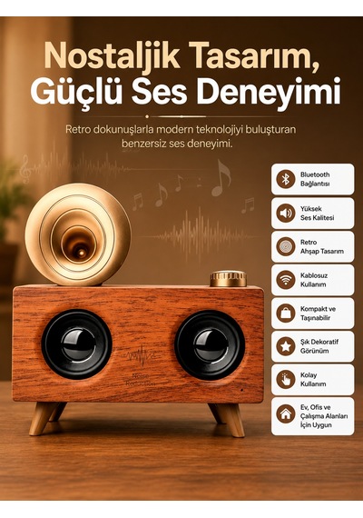 Bluetooth Nostalji Speaker Radyo Gramofon Ahşap Renk Vintage - Lisinya
