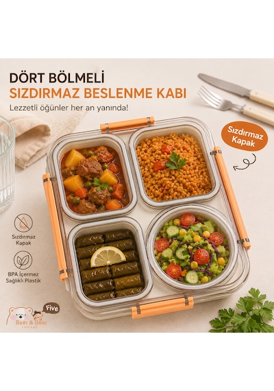 Sosluklu 4 Bölmeli Gıdaya Uygun Plastik Yemek Kabı Sızdırmaz Kapaklı Taşınabilir Diyet Beslenme Kabı 611 1800ml Açık Turuncu