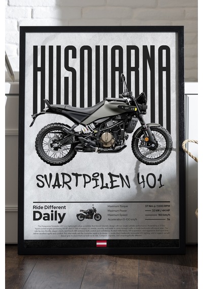 Husqvarna Svartpilen 401 Siyah Ahşap Çerçeveli Poster, Dekoratif Motosiklet Duvar Tablosu