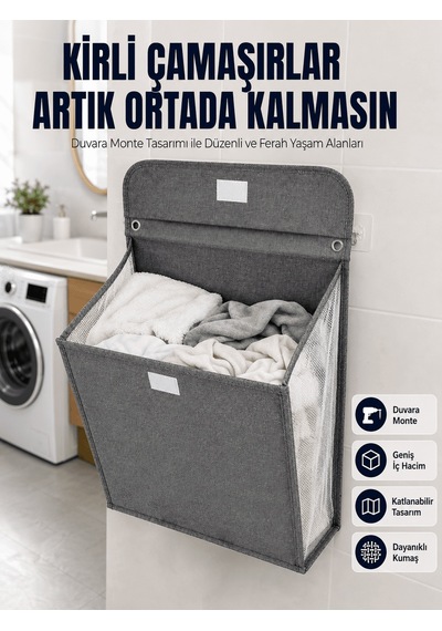 Banyo Ve Çamaşır Odası İçin Duvara Asılan Katlanabilir Çamaşır Sepeti 7010
