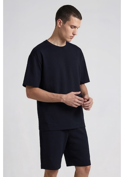 Lacivert Oversize Fit Basic Erkek Şort Takım - 85292