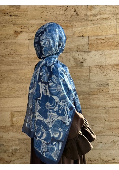 Qalortex Scarf Pamuklu Mimoza Desen Şal- Lacivert