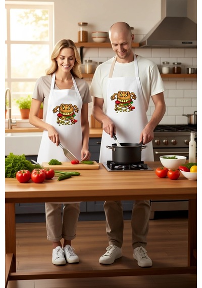 Unisex Mutfak Önlüğü Şeytani Burger Canavarı Baskılı Dtf Dijital Beyaz