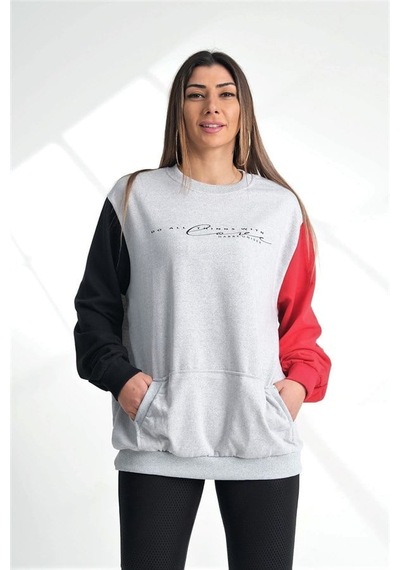 Genel Gri Kolları Garnili Kanguru Cepli Sweatshirt