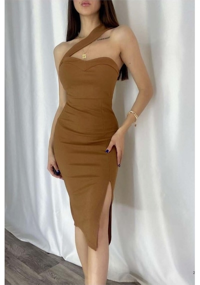 Tek Yırtmaçlı Elbise Omuz Midi Kahve