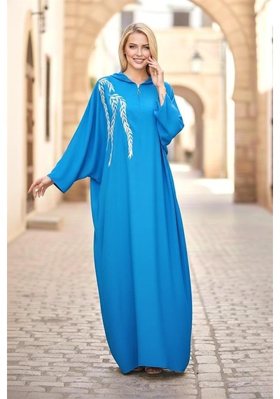 Veraura Lifestyle Mavi Kapüşonlu Nakışlı Cepli Oversize Uzun Elbise