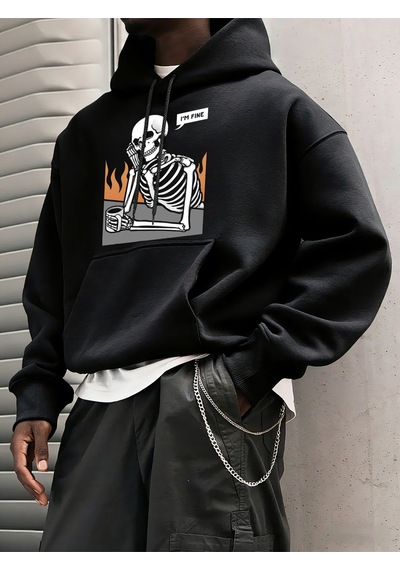 Startmore Startmoreı'm Fine İskelet Baskılı Erkek Basic Kapüşonlu Üstleri Hip Hop Bol Sweatshirtler Günlük Polar Siyah