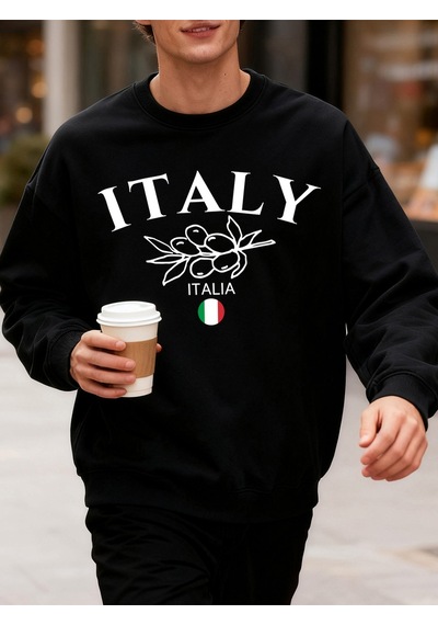 Startmore Startmoreitalya Zeytin Büyük Harf Desenli Erkek Sweatshirtü Bisiklet Yaka Oversize Kazak Sonbahar Moda Siyah