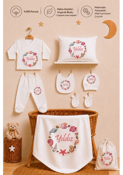 Pia Baby Kız Bebek Hastane Çıkışı 12 Parça %100 Pamuk İsme Özel Organik Baskılı Kese Hediyeli 209811kyx Ekru