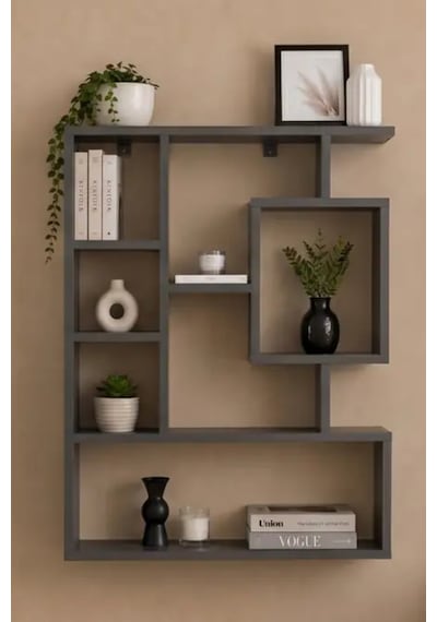 Reyo Enda Home Bigane Büyük Dekoratif Duvar Rafı 70,9 93,6 Cm, Asimetrik Çok Bölmeli Duvara Monte Raf - Antrasit