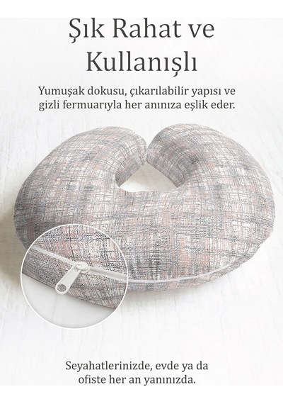 Modern Çizgili Ergonomik Boyun Yastığı - Pastel Bej Gri Minimal Seyahat Yastığı Açık Yosunlu Petrol
